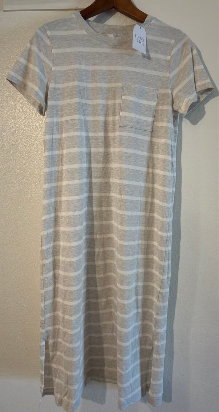 Time and Tru Natural Everyday Midi T-Shirt Dress Pocket Striped Szie XS (0-2)